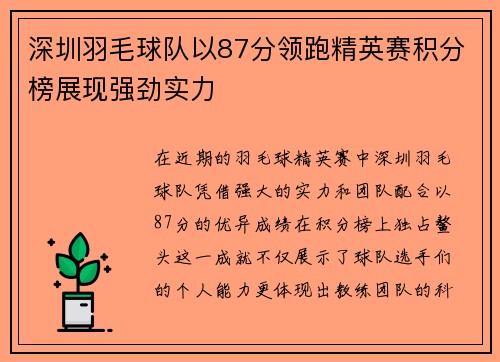 深圳羽毛球队以87分领跑精英赛积分榜展现强劲实力